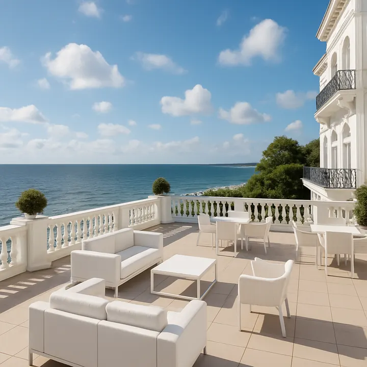 Elegante Lounge mit maritimen Blautönen und Panoramafenstern